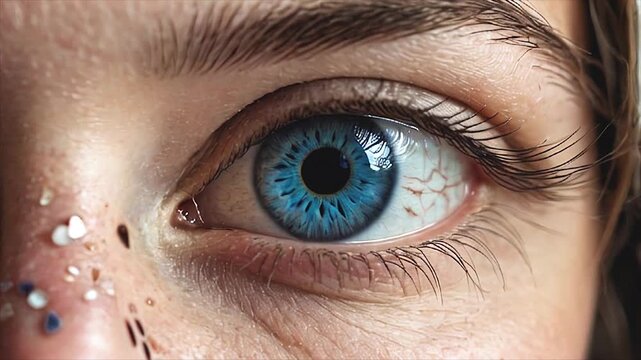 Close up AI stock footage shows intense blue eye frontal gaze detailed realistic eyelashes