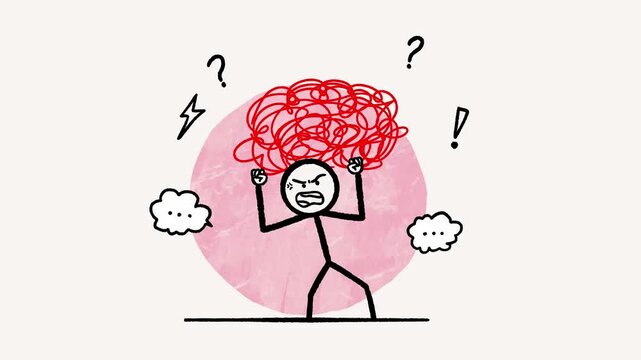 Hand-drawn animated stickman illustrating overthinking and mental overload with chaotic scribble motion above the head.