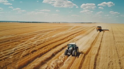 Naklejka premium Tractor plowing wheat field under sunny sky in agroecosystem