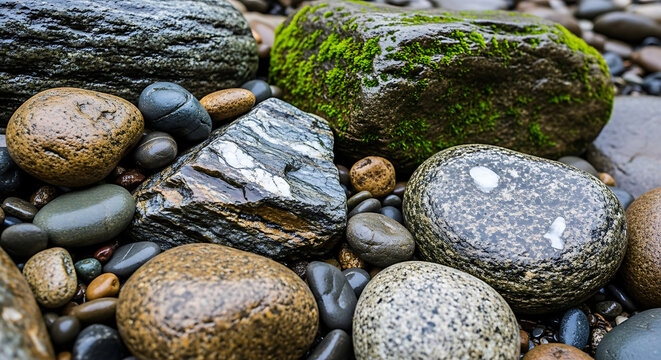 Wet rocks and pebbles with moss on a rocky surface