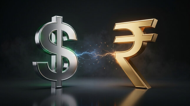premium metallic dollar and indian rupee symbols facing each other representing forex trading currency strength and global financial market dynamics concept