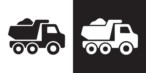 Minimalist Dump Truck Silhouette Icon with Tilted Bed and Gravel Load in Black and White © Arolicon