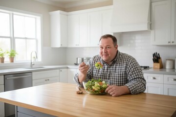Fototapeta premium Overweight man eating fresh vegetable salad in bright modern kitchen, embracing healthy diet, weight management, and positive lifestyle change