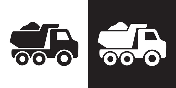 Minimalist Dump Truck Silhouette Icon with Tilted Bed and Gravel Load in Black and White