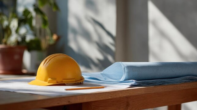 Yellow hard hat resting on top of a wooden table. on the table, there is also a rolled-up blueprint and a pencil.