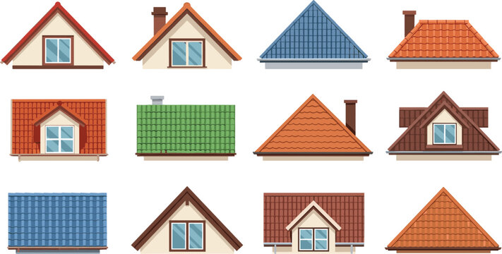 House Roof Icon Set with Various Designs and Colorful Roofing Styles for Websites, Apps, and Digital Media Designs