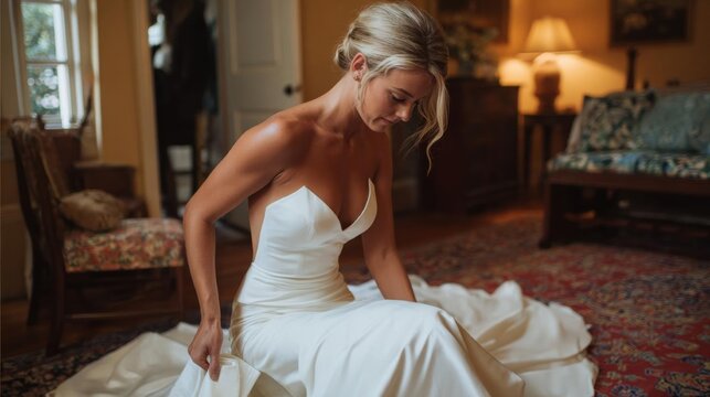 Young woman in a white wedding dress sitting on a rug in a living room. she is wearing a strapless gown with a sweetheart neckline and a fitted bodice.