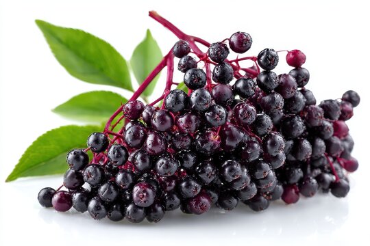 Close-up photograph of isolated elderberries on a pristine white background