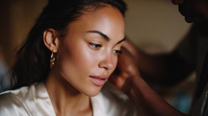 Naklejka premium Close-up portrait of a young woman with dark hair. she is wearing a white blouse and gold earrings. her eyes are closed and she appears to be deep in thought.
