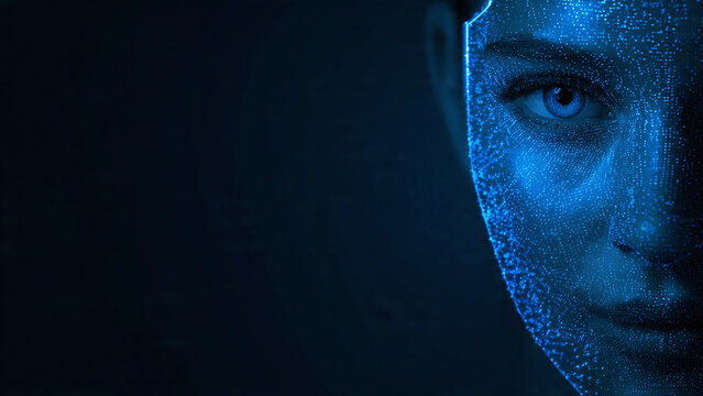 Futuristic AI face close up with digital particles and blue technology background copy space
