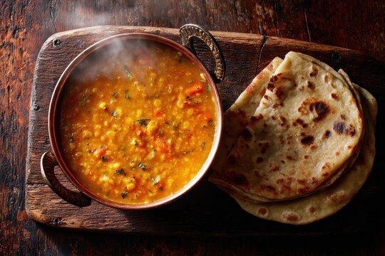 Close-up top-down view of dal tadka curry with roti on a wooden board