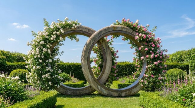 Intertwined Rose Arches in Romantic Garden Symbolizing Love and Unity