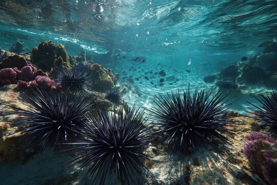 Close-up underwater view of long-spined sea urchins with radiating spines and textured reef