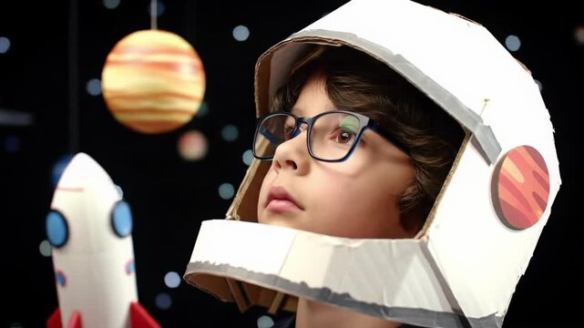 A young caucasian boy with dark curly hair and glasses, wearing a cardboard astronaut helmet, holding a toy rocket, gazes at glowing suspended planets, soft bokeh. Childhood wonder concept