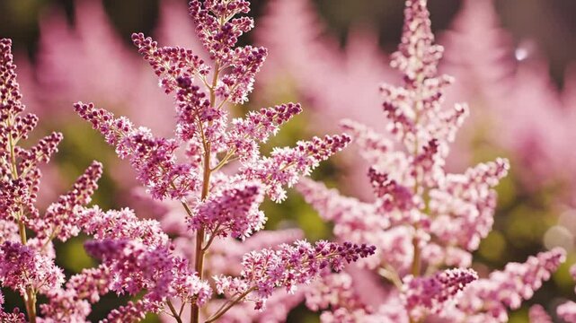 Pink astilbe flowers blooming in summer garden, soft purple false spirea plumes in golden hour sunlight, romantic floral background for wedding video