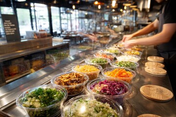 Obraz premium Colorful multi-dish takeout packs arranged for customer pickup in a dine-in kitchen setting