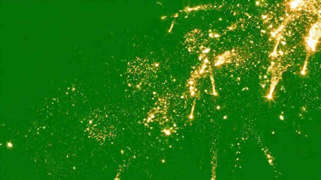 Golden glitter light streak effect with sparkling particles on a green screen. Ideal for magical overlays and festive.