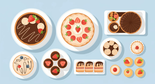 Top view vector illustration of a gourmet dessert assortment including chocolate strawberry tarts, cream cakes, cupcakes and petit fours on white plates over a light blue background.