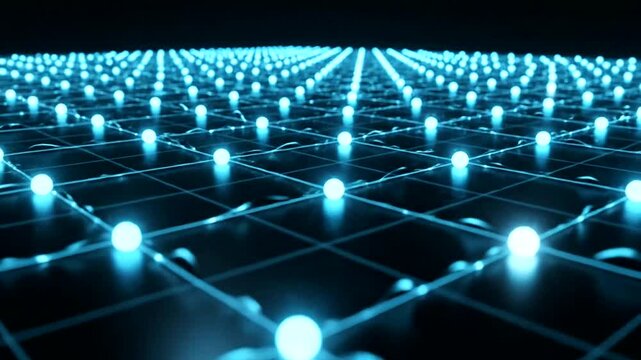 Glowing blue grid with nodes and connections.