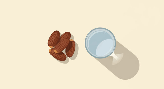 Top view minimalist vector illustration of a cluster of five brown dried dates placed beside a glass of water casting long shadows on a plain light beige background.