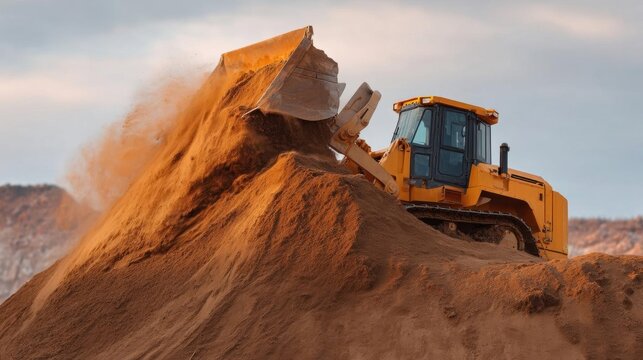 Large yellow bulldozer on a construction site. the bulldozer is moving a large pile of sand, which is being lifted up by the bulldozer.