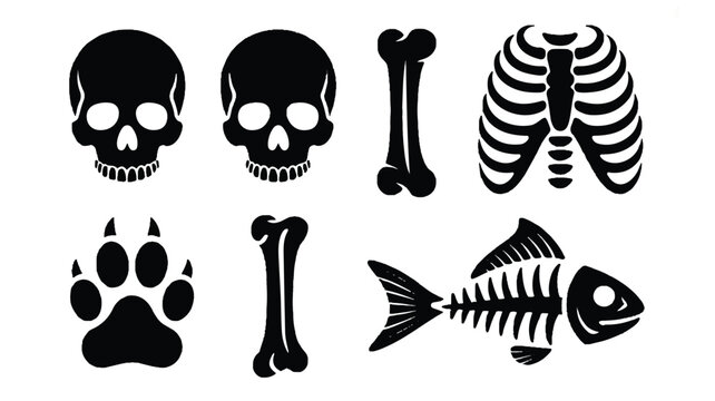 A black and white illustration of animal bones and skulls with a fish skeleton and paw print.