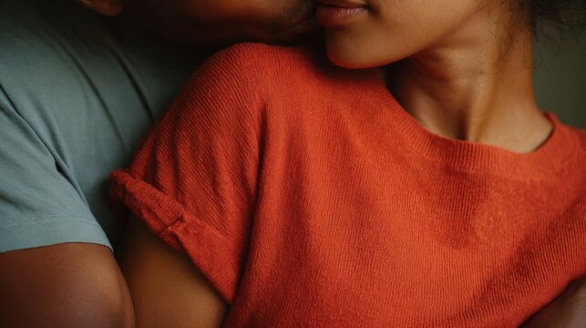 Close-up of a man and a woman's face. the man is on the left side of the image, with his head resting on the woman's shoulder.