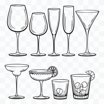 Black and white of various wine glasses and a beer mug glassware stemware