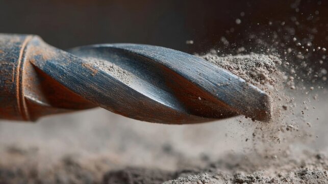 Close-up of a drill bit being used to drill a hole in a piece of wood. the drill bit is in the center of the image, with the tip pointing towards the right side of the frame.