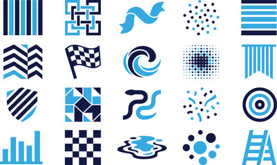 Collection of abstract geometric symbols and icons in blue and dark blue colors. © Creative BD