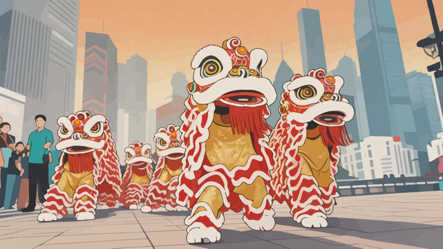 Lion Dance Performance in Modern Urban City Square