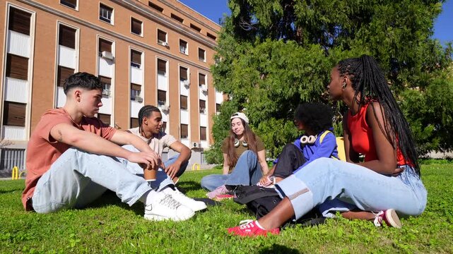 Multiethnic students relaxing together on university campus grass