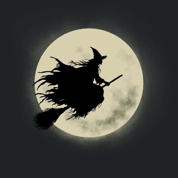 A witch flying on a broomstick against the backdrop of a full moon and a dark night. An animated image for Halloween