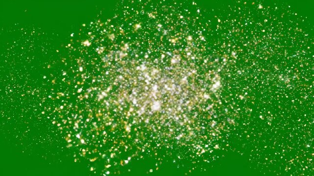 Golden glitter particles expand and sparkle on a green screen. Perfect for festive overlays, transitions, and magical effects.