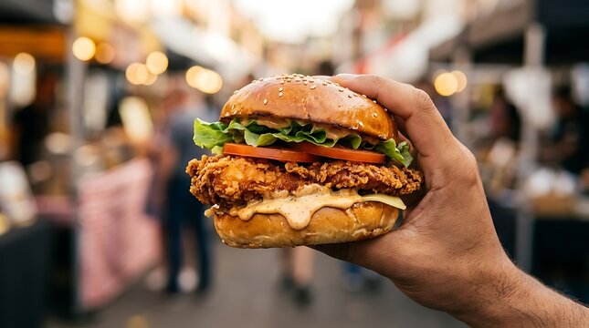 A hand holding a delicious fresh burger with lettuce and tomato at a busy street food market