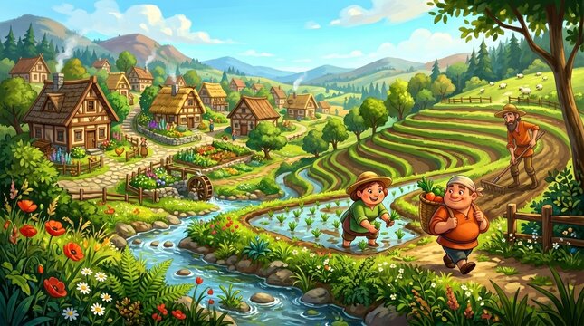 A vibrant cartoon village scene with rolling hills, a stream, and people working in the fields on a sunny day with fluffy clouds