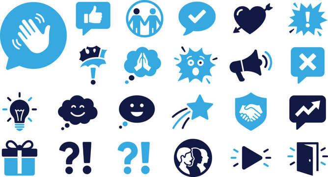 Collection of blue icons representing communication and social media concepts like hand wave and like symbol.