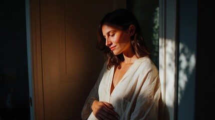 Fototapeta premium Young woman standing in front of a window, looking out with a peaceful expression on her face. she is wearing a white robe with a plunging neckline and long sleeves.