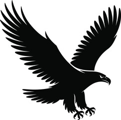 Obraz premium A black silhouette of an eagle in flight with wings spread and talons extended is depicted against a white background, symbolizing freedom and power.