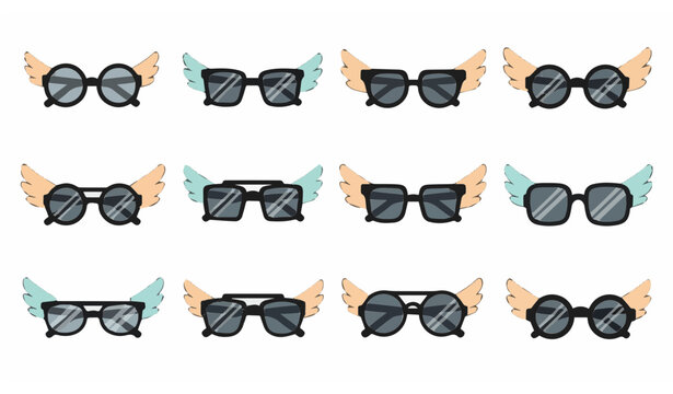 Stylish Sunglasses with Wings Icon Set in Modern Flat Graphic Design