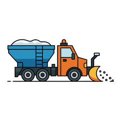 Fototapeta premium Snowplow truck with large blue container and orange cabin spreading snow