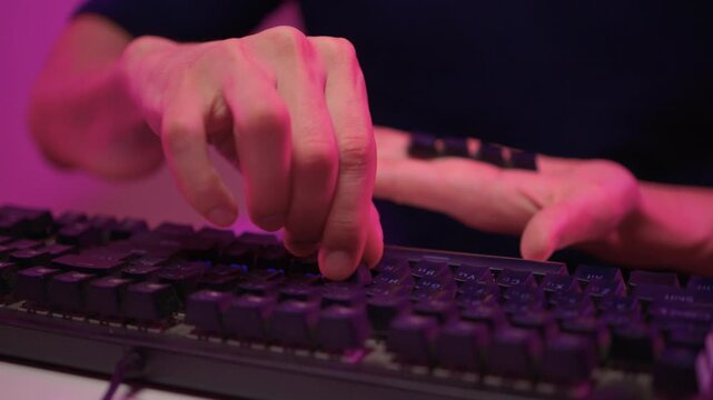 Keyboard modding scene. Closeup of key replacement in vibrant studio setting. Dynamic view of mechanical key modding process illuminated by bright pink studio lighting