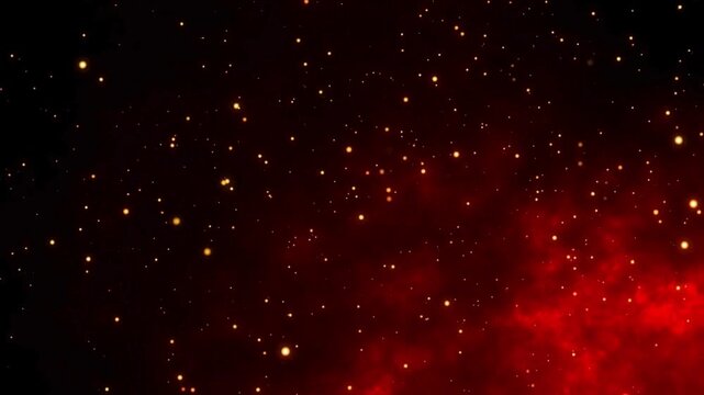 Golden glowing particles and sparks floating on a dark red nebulous background