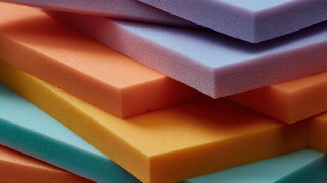 Stack of colorful foam blocks. the blocks are arranged in a way that they are overlapping each other. the colors of the blocks are different shades of orange, pink, purple, and green.