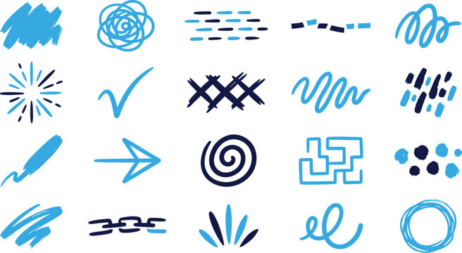 Abstract scribbles and doodle icons such as scribbles, circles, lines, check mark, arrow, spiral, chain, starburst, dots, swirl.