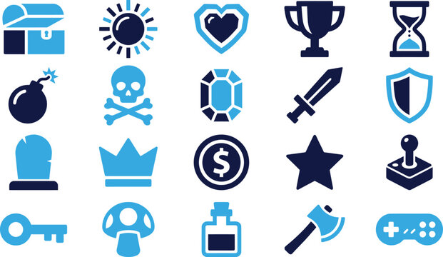 Video game icons featuring treasure chest, sun, heart, trophy, hourglass, bomb, skull and crossbones, gem, sword, shield, tombstone, coins.