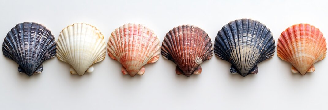 Colorful scallop shells arranged in a row