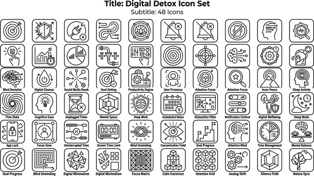 Digital detox icon set featuring mindfulness focus productivity screen time control and modern wellness outline vector symbols collection