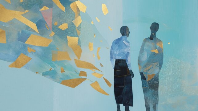 Paper collage with pastel blue abstract man and woman with gold fragments