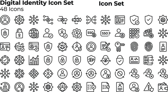 Digital identity icon set with authentication verification access control data privacy and modern cybersecurity outline vector symbols collection